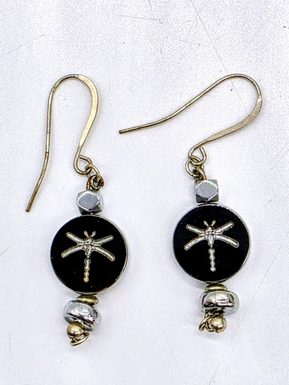 Silver Dragonfly On Black Enamel Sterling Silver Dangle Earrings Boho Spring